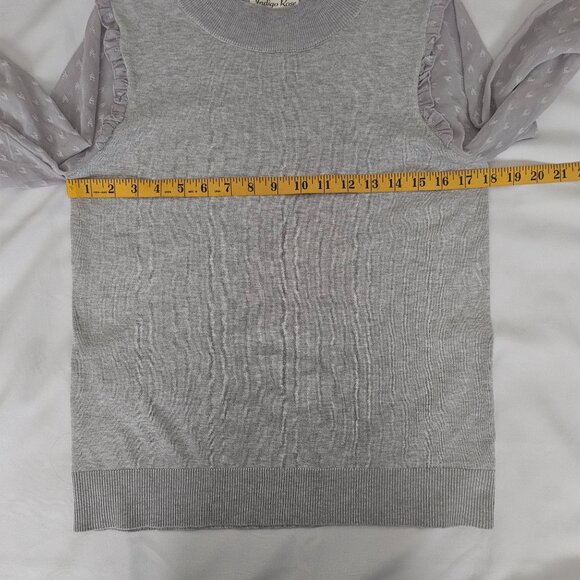Indigo Rose Women's Gray Sheer Puff Sleeve Ruffled Knit Pullover Sweater Medium - Picture 10 of 11